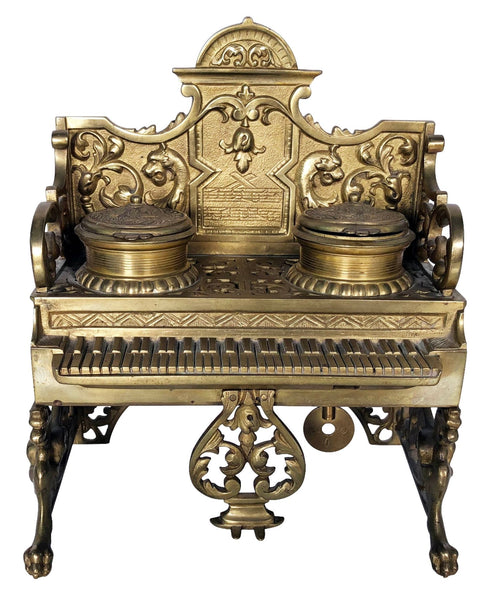 Brass Piano Inkwell and Music Box
