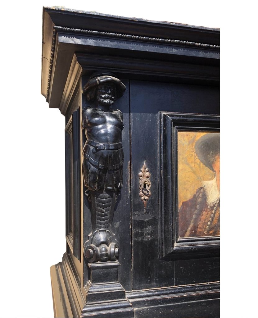 Black Renaissance Style Cupboard with Original Portrait Paintings
